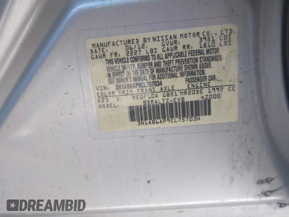 2012 Nissan Sentra SR with VIN 3N1AB6AP9CL757034, listed as a IAAI auction lot 41990633 with 116,159 mi miles and . Bid and sale history available at DreamBid. Image 9.