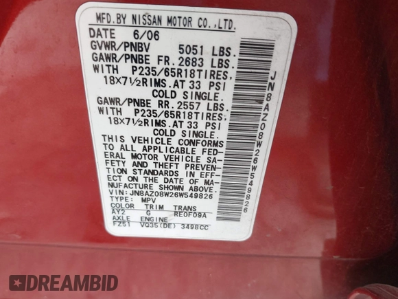 2006 Nissan Murano S with VIN JN8AZ08W26W549826, listed as a IAAI auction lot 42482059 with 270,805 mi miles and . Bid and sale history available at DreamBid. Image 9.