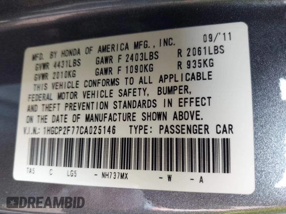 2012 Honda Accord EX with VIN 1HGCP2F77CA025146, listed as a IAAI auction lot 42471998 with 124,908 mi miles and . Bid and sale history available at DreamBid. Image 9.