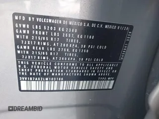 2020 Volkswagen Tiguan S с VIN 3VV1B7AX2LM103166, выставлен на аукционе IAAI как лот 42474802 с пробегом 56 580 миль миль и . История ставок и продаж доступна на DreamBid. Изображение 9.