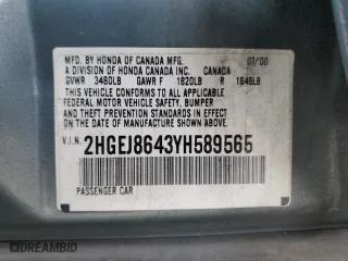 2000 Honda Civic EX with VIN 2HGEJ8643YH589565, listed as a Copart auction lot 53119425 with 134,068 mi miles and Salvage Title. Bid and sale history available at carsss.com. Image 12.