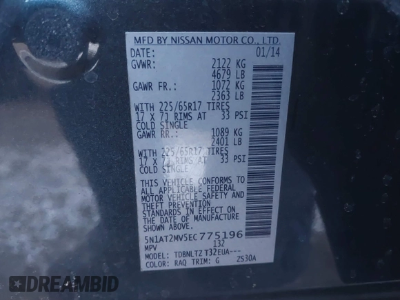 2014 Nissan Rogue S with VIN 5N1AT2MV5EC775196, listed as a IAAI auction lot 41437313 with 130,041 mi miles. Bid and sale history available at carsss.com. Image 9.
