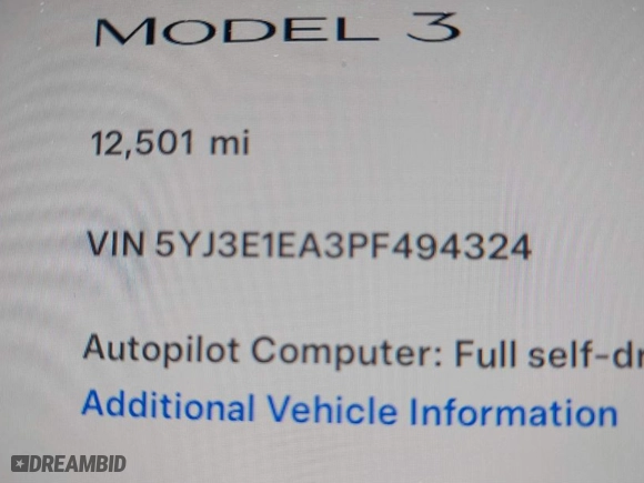 2023 Tesla Model 3 with VIN 5YJ3E1EA3PF494324, listed as a IAAI auction lot 39964499 with 12,501 mi miles. Bid and sale history available at carsss.com. Image 9.