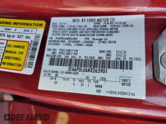 2019 Ford Fusion SE with VIN 3FA6P0LU6KR263901, listed as a Copart auction lot 53055415 with 89,533 mi miles and Clean Title. Bid and sale history available at DreamBid. Image 13.