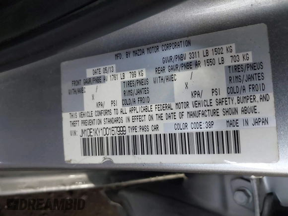 2013 Mazda 2 Sport with VIN JM1DE1KY1D0167999, listed as a IAAI auction lot 41713546 with 204,443 mi miles and . Bid and sale history available at DreamBid. Image 9.