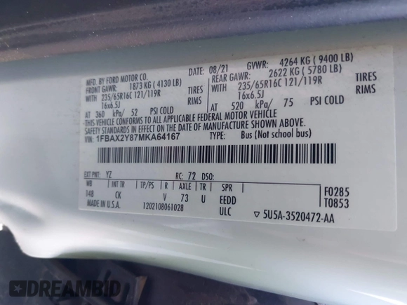 2021 Ford Transit Passenger XL with VIN 1FBAX2Y87MKA64167, listed as a IAAI auction lot 41087474 with 67,242 mi miles and . Bid and sale history available at DreamBid. Image 9.