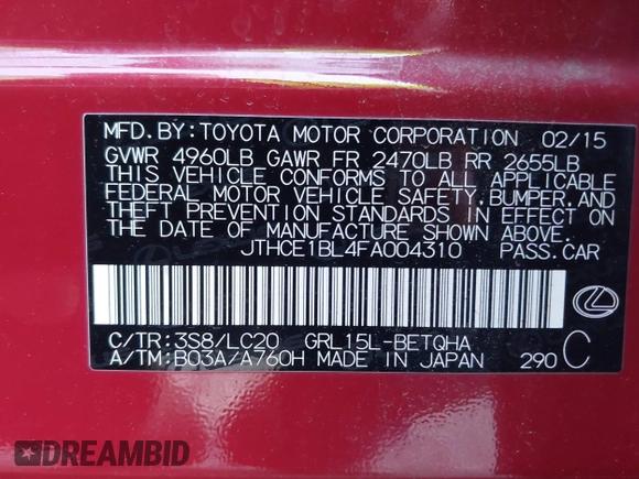 2015 Lexus GS with VIN JTHCE1BL4FA004310, listed as a IAAI auction lot 41597126 with 65,886 mi miles and . Bid and sale history available at carsss.com. Image 9.