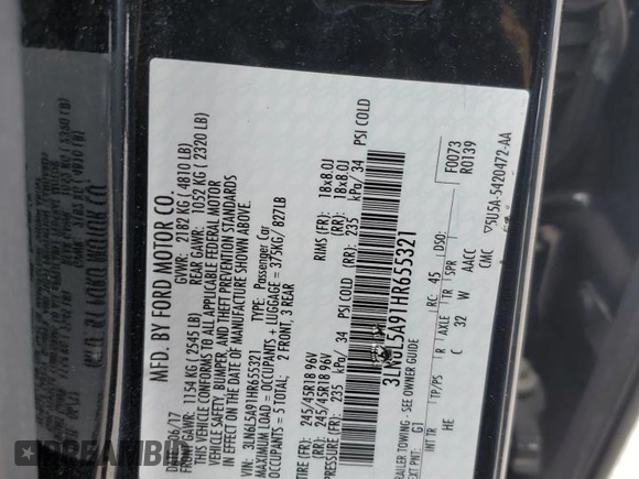 2017 Lincoln MKZ Premiere with VIN 3LN6L5A91HR655321, listed as a Copart auction lot 43832535 with 76,233 mi miles and Salvage title. Bid and sale history available at DreamBid. Image 12.