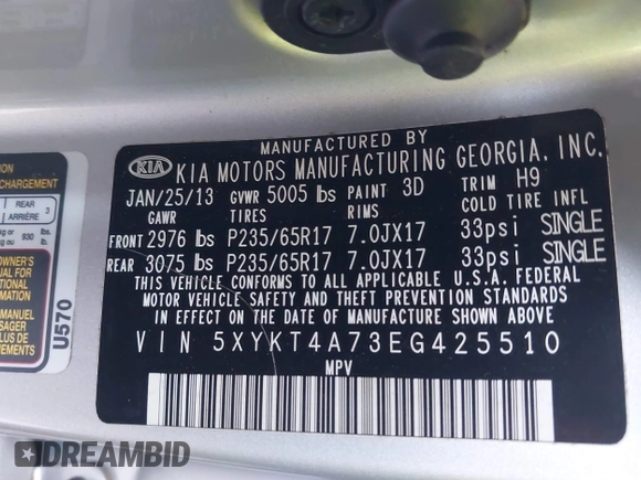 2014 Kia Sorento LX with VIN 5XYKT4A73EG425510, listed as a IAAI auction lot 41882601 with 165,751 mi miles and . Bid and sale history available at carsss.com. Image 9.