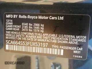 2015 Rolls-Royce Ghost z VIN SCA664S53FUX53197, wystawiony jako Copart lot #72152444 z przebiegiem 39 280 mil mil oraz Szkody całkowita. Historia ofert i sprzedaży dostępna na DreamBid. Obrazek 13.