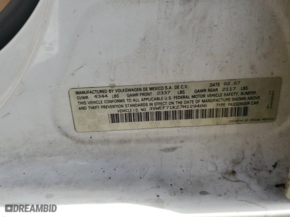 2007 Volkswagen Jetta Sedan Wolfsburg Edition with VIN 3VWEF71K27M129486, listed as a Copart auction lot 76209104 with 244,264 mi miles and Salvage Title. Bid and sale history available at carsss.com. Image 12.