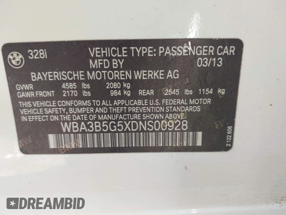 2013 BMW 3 Series 328i xDrive z VIN WBA3B5G5XDNS00928, wystawiony jako IAAI lot #41995015 z przebiegiem 89 076 mil mil oraz . Historia ofert i sprzedaży dostępna na DreamBid. Obrazek 9.