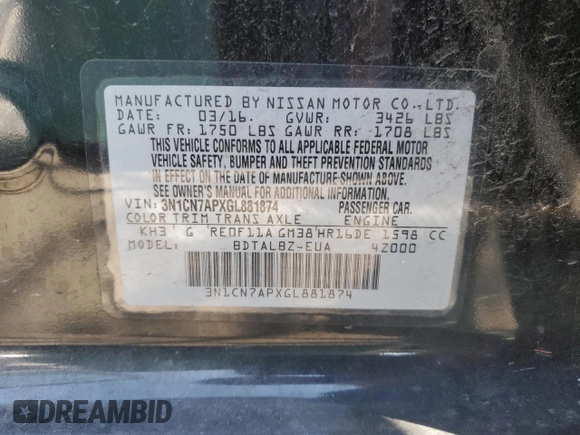 2016 Nissan Versa S with VIN 3N1CN7APXGL881874, listed as a Copart auction lot 78526944 with 88,147 mi miles and Salvage title. Bid and sale history available at DreamBid. Image 12.