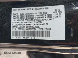 2017 Honda Ridgeline Black Edition with VIN 5FPYK3F85HB015304, listed as a IAAI auction lot 39998433 with 153,296 mi miles and . Bid and sale history available at DreamBid. Image 9.