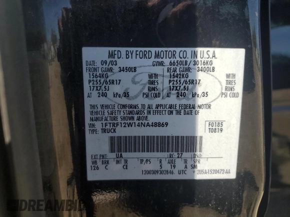 2004 Ford F-150 XL z VIN 1FTRF12W14NA48869, wystawiony jako Copart lot #53719205 z przebiegiem 116 759 mil mil oraz Szkody całkowita. Historia ofert i sprzedaży dostępna na DreamBid. Obrazek 14.