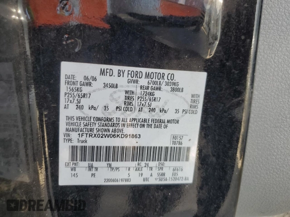 2006 Ford F-150 STX with VIN 1FTRX02W06KD91863, listed as a Copart auction lot 74620844 with 125,318 mi miles and Non repairable. Bid and sale history available at DreamBid. Image 13.