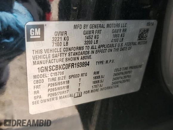 2015 Chevrolet Tahoe LT with VIN 1GNSCBKC0FR193894, listed as a Copart auction lot 49700495 with 179,127 mi miles and Salvage Title. Bid and sale history available at DreamBid. Image 15.