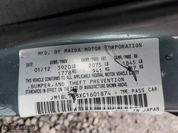 2012 Mazda Mazda3 i Touring with VIN JM1BL1L8XC1601874, listed as a Copart auction lot 87484574 with 157,801 mi miles and Salvage Title. Bid and sale history available at carsss.com. Image 12.