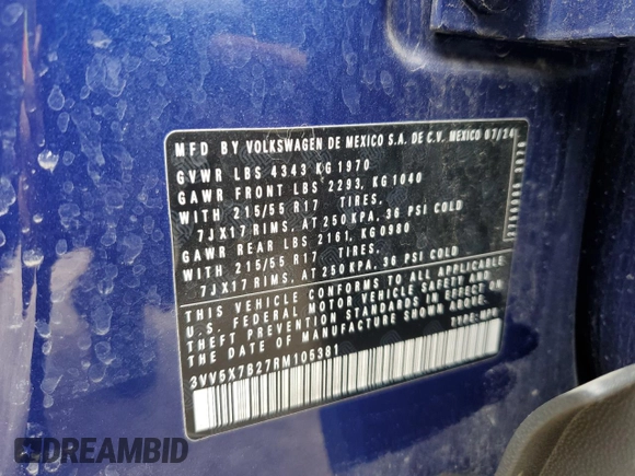 2024 Volkswagen Taos S с VIN 3VV5X7B27RM105381, выставлен на аукционе Copart как лот 51147615 с пробегом 3 568 миль миль и Списание • Salvage title. История ставок и продаж доступна на DreamBid. Изображение 13.