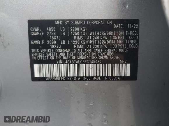 2023 Subaru Outback Onyx z VIN 4S4BTALC5P3145082, wystawiony jako Copart lot #57427295 z przebiegiem 65 667 mil mil oraz Szkoda całkowita • Salvage title. Historia ofert i sprzedaży dostępna na DreamBid. Obrazek 12.