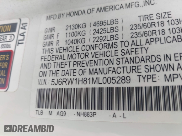 2021 Honda CR-V EX-L with VIN 5J6RW1H81ML005289, listed as a IAAI auction lot 42003777 with 114,552 mi miles and . Bid and sale history available at DreamBid. Image 9.