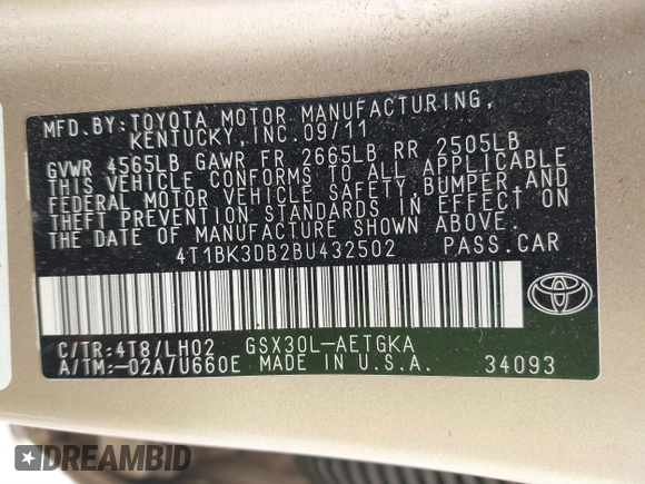 2011 Toyota Avalon with VIN 4T1BK3DB2BU432502, listed as a IAAI auction lot 41764002 with 236,003 mi miles and . Bid and sale history available at DreamBid. Image 9.