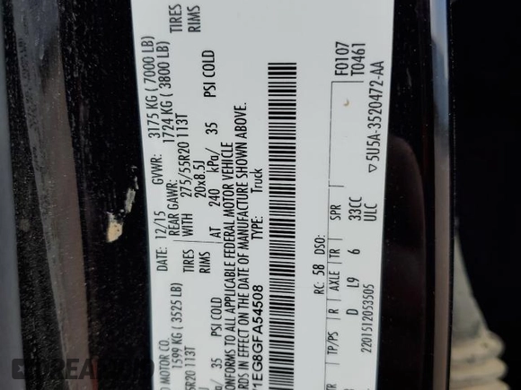 2016 Ford F-150 XLT with VIN 1FTEW1EG8GFA54508, listed as a Copart auction lot 54542015 with 194,196 mi miles and Salvage title. Bid and sale history available at DreamBid. Image 13.