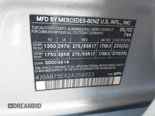 2002 Mercedes-Benz M 320/430/500 with VIN 4JGAB75EX2A358923, listed as a IAAI auction lot 41458903 with 134,623 mi miles and . Bid and sale history available at DreamBid. Image 9.