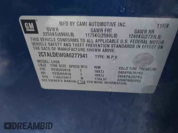 2010 GMC Terrain SLE-2 with VIN 2CTALDEW0A6277941, listed as a IAAI auction lot 41199762 with 120,477 mi miles and . Bid and sale history available at DreamBid. Image 9.