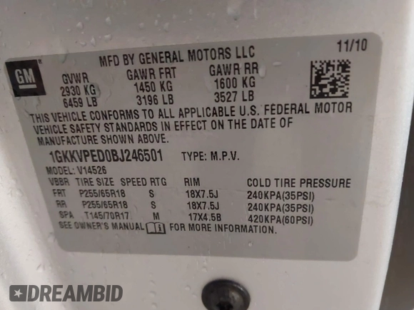 2011 GMC Acadia SLE with VIN 1GKKVPED0BJ246501, listed as a IAAI auction lot 41916268 with 130,331 mi miles. Bid and sale history available at carsss.com. Image 9.