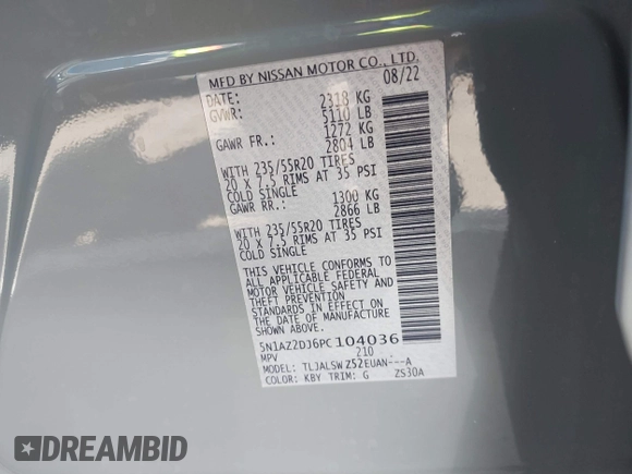 2023 Nissan Murano Platinum with VIN 5N1AZ2DJ6PC104036, listed as a IAAI auction lot 42008473 with 25,463 mi miles and . Bid and sale history available at DreamBid. Image 9.