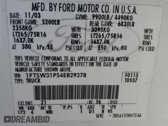 2004 Ford F-350 XL with VIN 1FTSW31P54EB29378, listed as a Copart auction lot 63147675 with 188,288 mi miles and Salvage title. Bid and sale history available at DreamBid. Image 12.