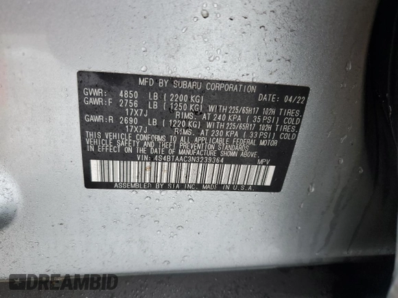 2022 Subaru Outback with VIN 4S4BTAAC3N3239364, listed as a Copart auction lot 44996215 with 59,330 mi miles and Salvage title. Bid and sale history available at DreamBid. Image 13.