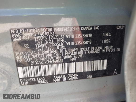 2021 Toyota RAV4 XLE Premium with VIN 2T3C1RFV0MW140682, listed as a IAAI auction lot 42315813 with 98,267 mi miles and . Bid and sale history available at DreamBid. Image 9.
