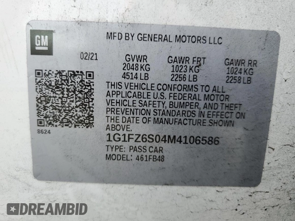 2021 Chevrolet Bolt EV Premier with VIN 1G1FZ6S04M4106586, listed as a Copart auction lot 54701745 with 72,686 mi miles and Salvage title. Bid and sale history available at DreamBid. Image 13.