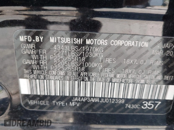 2018 Mitsubishi Outlander SE with VIN JA4AP3AW4JU012399, listed as a IAAI auction lot 42591534 with 152,809 mi miles and . Bid and sale history available at DreamBid. Image 9.