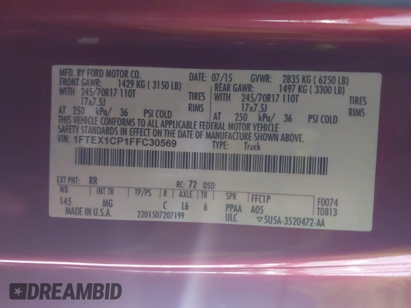 2015 Ford F-150 XL with VIN 1FTEX1CP1FFC30569, listed as a IAAI auction lot 41836652 with 126,443 mi miles. Bid and sale history available at carsss.com. Image 9.
