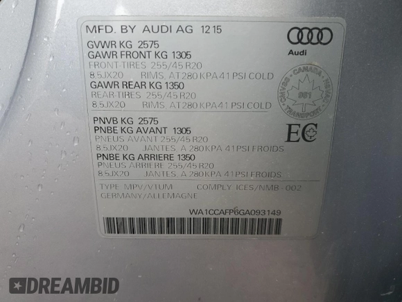 2016 Audi SQ5 Premium Plus with VIN WA1CCAFP6GA093149, listed as a Copart auction lot 87686265 with 183,280 mi miles and Salvage Title. Bid and sale history available at carsss.com. Image 14.