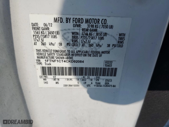 2012 Ford F-150 XL with VIN 1FTNF1CT4CKD92084, listed as a Copart auction lot 61488154 with 231,053 mi miles and Salvage Title. Bid and sale history available at carsss.com. Image 13.