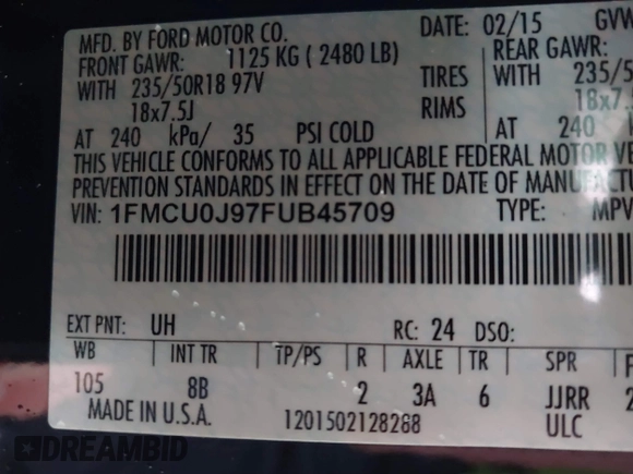 2015 Ford Escape Titanium with VIN 1FMCU0J97FUB45709, listed as a IAAI auction lot 41561636 with 88,296 mi miles. Bid and sale history available at carsss.com. Image 9.