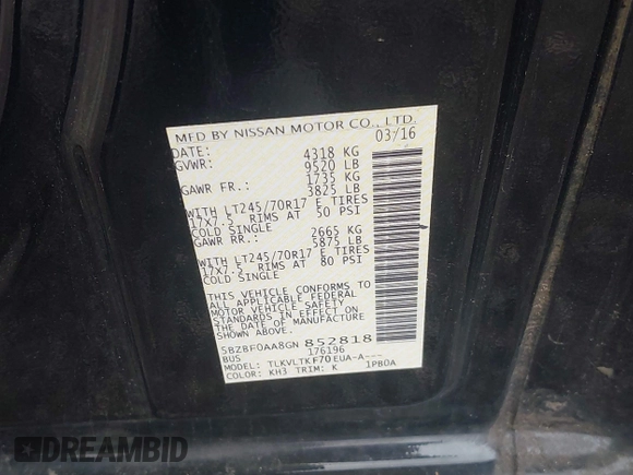 2016 Nissan NV S z VIN 5BZBF0AA8GN852818, wystawiony jako IAAI lot #41957159 z przebiegiem 120 601 mil mil oraz . Historia ofert i sprzedaży dostępna na DreamBid. Obrazek 9.