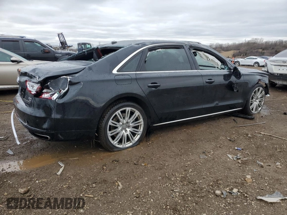 2014 Audi A8 4.0T with VIN WAUR2AFD5EN004618, listed as a Copart auction lot 50796255 with Not provided miles and Salvage title. Bid and sale history available at DreamBid. Image 3.