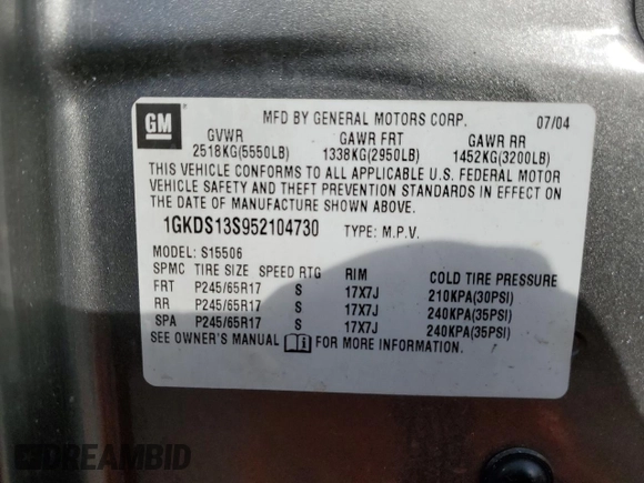 2005 GMC Envoy SLE with VIN 1GKDS13S952104730, listed as a Copart auction lot 47778585 with 187,712 mi miles and Salvage Title. Bid and sale history available at carsss.com. Image 12.