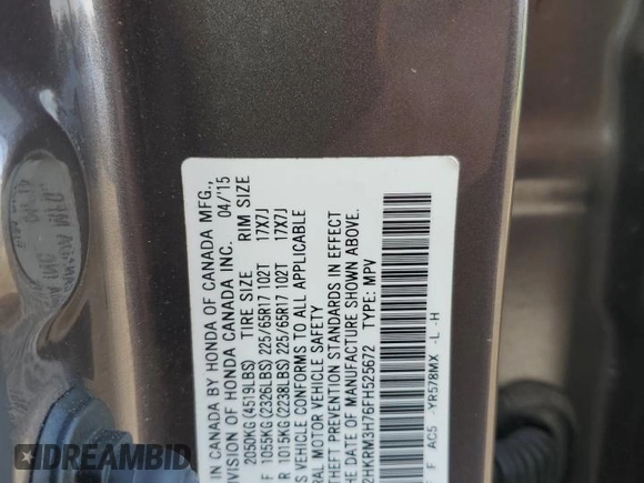 2015 Honda CR-V EX-L with VIN 2HKRM3H76FH525672, listed as a Copart auction lot 43263115 with 156,427 mi miles and Salvage Title. Bid and sale history available at carsss.com. Image 15.