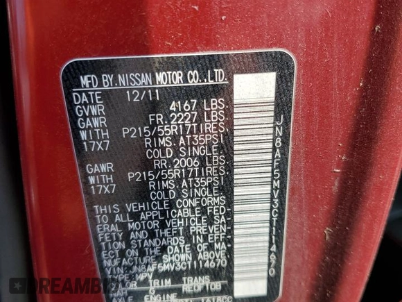 2012 Nissan Juke SV with VIN JN8AF5MV3CT114670, listed as a Copart auction lot 48907584 with 137,870 mi miles and Salvage Title. Bid and sale history available at DreamBid. Image 12.