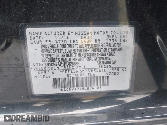 2017 Nissan Versa SV with VIN 3N1CN7AP1HL826585, listed as a IAAI auction lot 42355161 with 133,654 mi miles and . Bid and sale history available at DreamBid. Image 9.