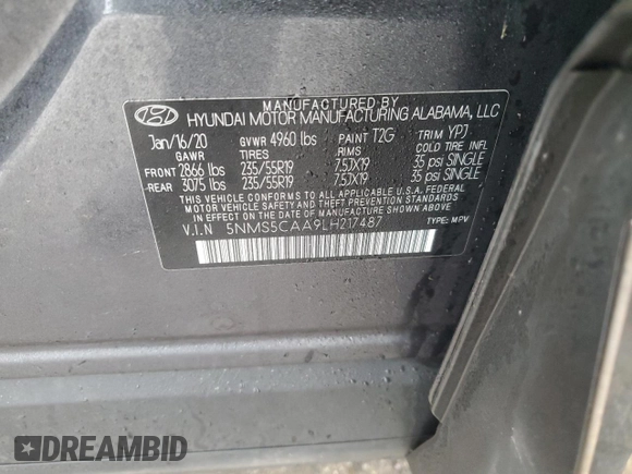 2020 Hyundai Santa Fe Limited with VIN 5NMS5CAA9LH217487, listed as a Copart auction lot 43369255 with 52,798 mi miles and Salvage Title. Bid and sale history available at carsss.com. Image 15.