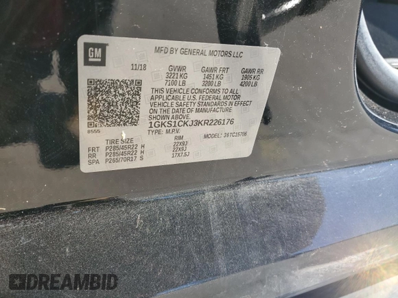 2019 GMC Yukon Denali with VIN 1GKS1CKJ3KR226176, listed as a Copart auction lot 89385175 with 60,453 mi miles and Salvage Title. Bid and sale history available at carsss.com. Image 13.