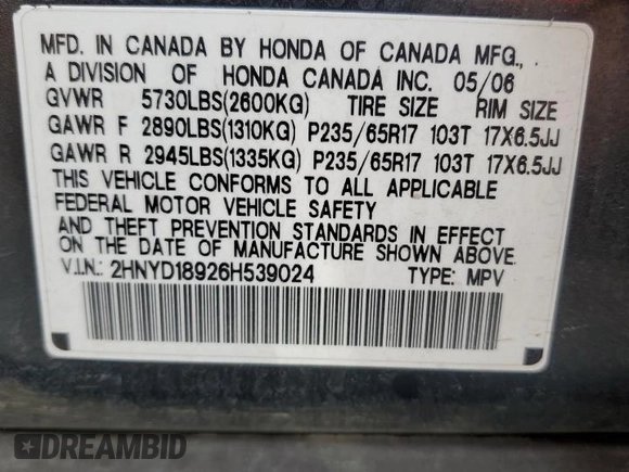 2006 Acura MDX Touring RES w/Navi with VIN 2HNYD18926H539024, listed as a Copart auction lot 67788334 with 178,099 mi miles and Salvage Title. Bid and sale history available at carsss.com. Image 15.