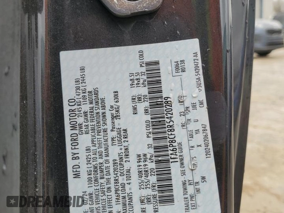 2024 Ford Mustang GT with VIN 1FA6P8CF8R5420289, listed as a Copart auction lot 49837415 with 19,636 mi miles and Salvage title. Bid and sale history available at DreamBid. Image 13.
